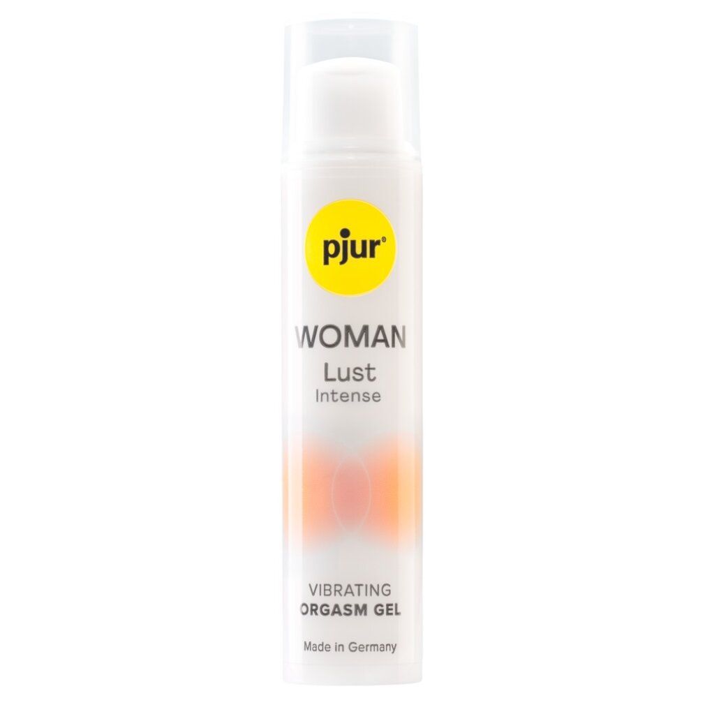 Weißes Fläschchen mit Produktnamen und Logo. Text: WOMAN Lust Intense, Vibrating Orgasm Gel, Made in Germany.
