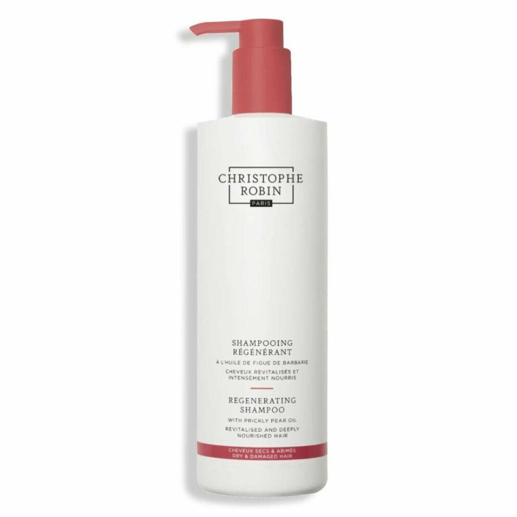 Weißes Shampoo mit rotem Pumpkopf. Text: Christophe Robin Paris, Regenerierendes Shampoo, 500 ml.