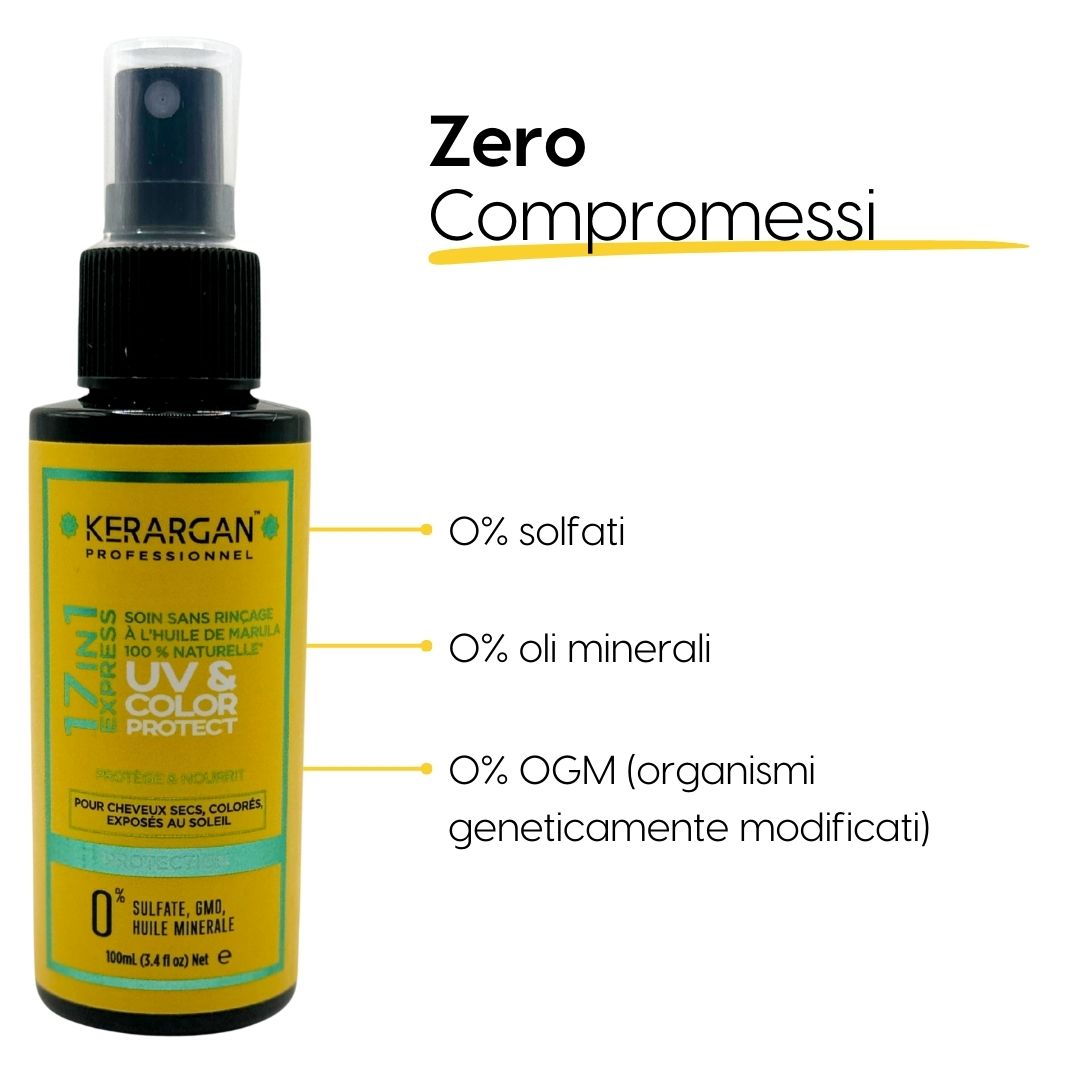 Kerargan Tonico UV & Color Protect. Flacone giallo con vaporizzatore. Testo: 0% solfati, oli minerali, organismi geneticamente modificati.