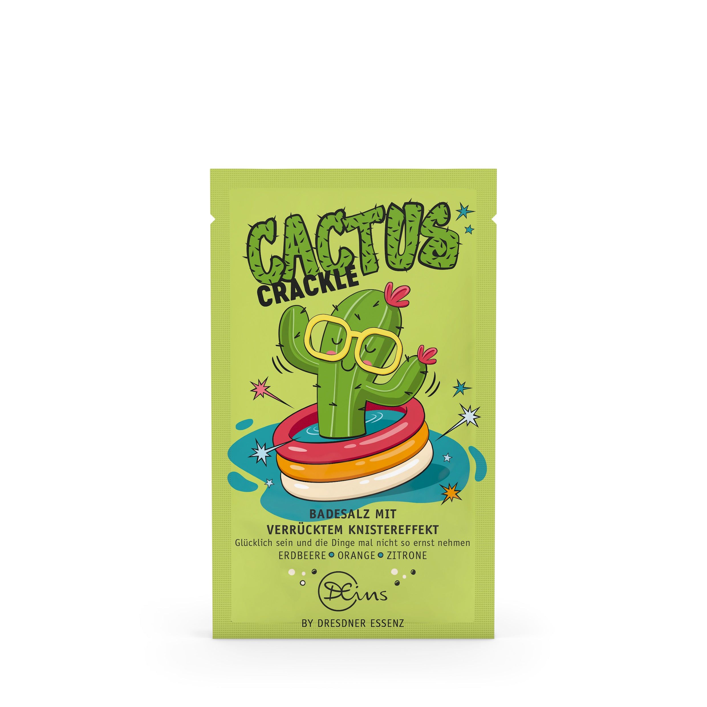 Groene zak met cartoon cactus in zwemband. Tekst: Cactus Crackle, badzout met gek knettereffect. Merk: Dresdner Essenz.