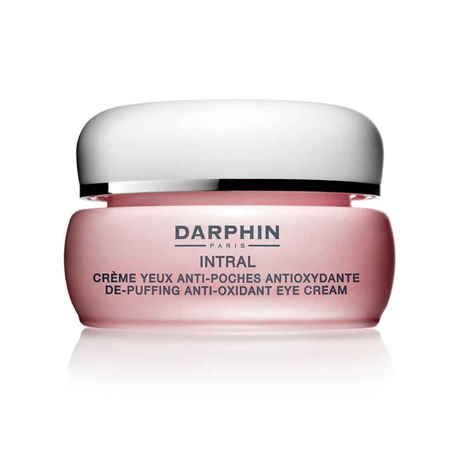 Rosa Creme-Dose mit weißem Deckel. Aufschrift: Darphin Intral Crème Yeux Anti-Poches Antioxydante De-Puffing Anti-Oxidant Eye Cream.