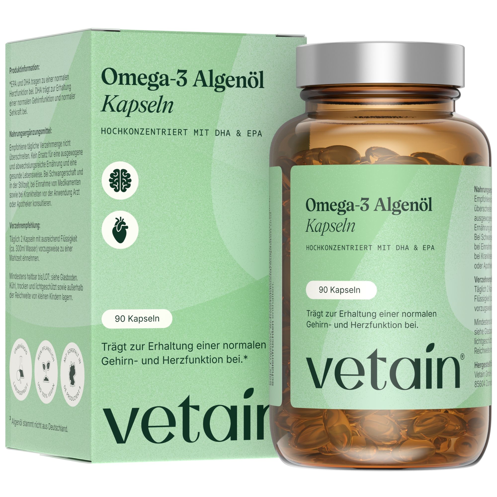 Vetain Omega 3 Vegan - Hochdosiert: 963mg Algenöl Kapseln in Triglycerid Form ohne Zusätze 90 St