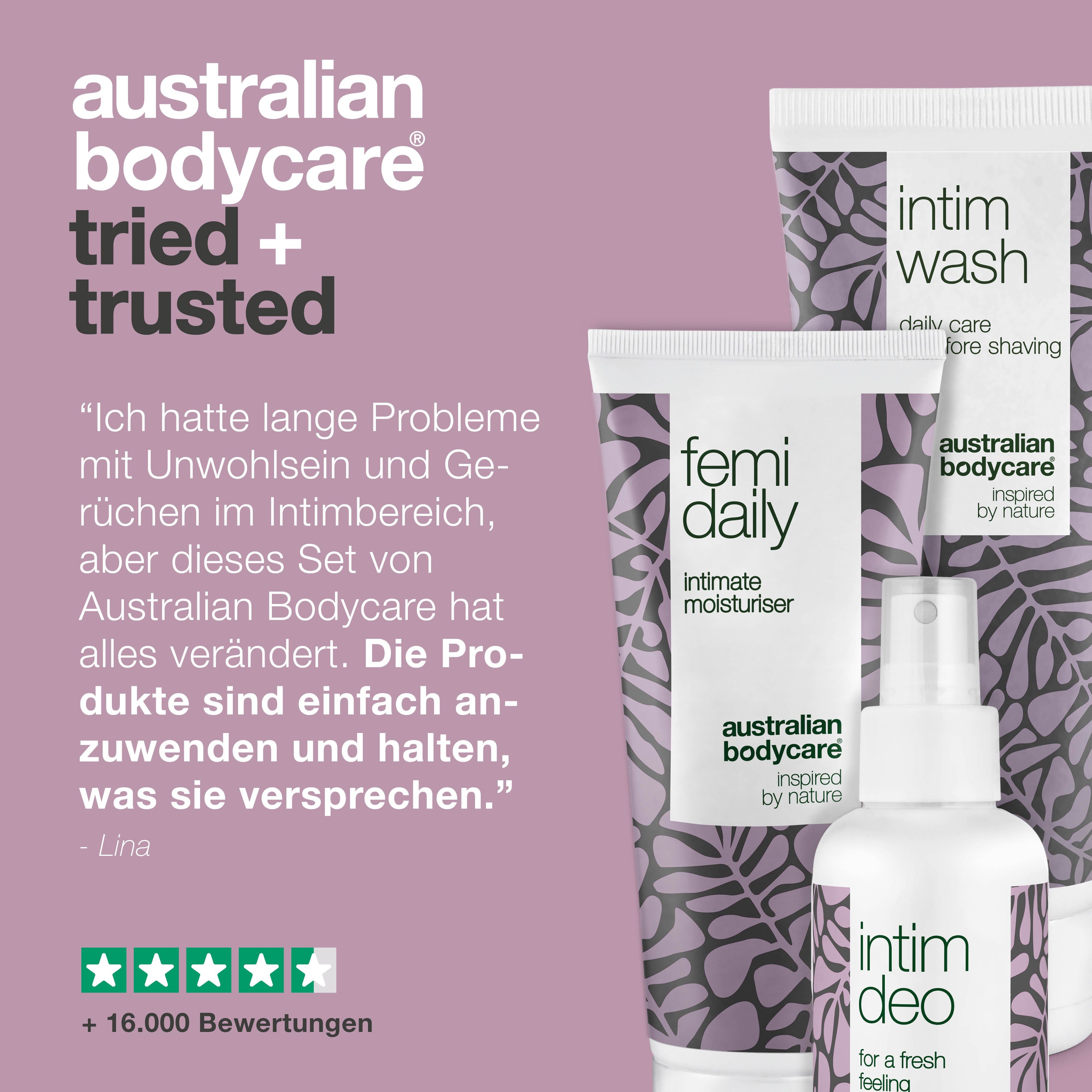Drei Produkte: Intim Wash, Femi Daily, Intim Deo. Text: Australian Bodycare. Text: Erfahrungsbericht mit 5 Sternen und über 16.000 Bewertungen.