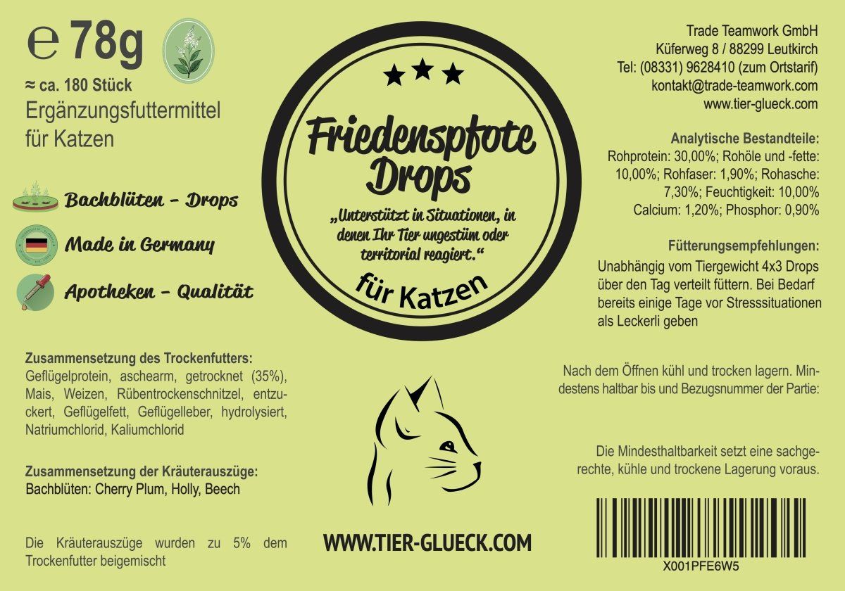 Etikett mit Produktinformationen: Drops für Katzen, Bachblüten, Inhaltsstoffe, Analytische Bestandteile, Fütterungsempfehlung.