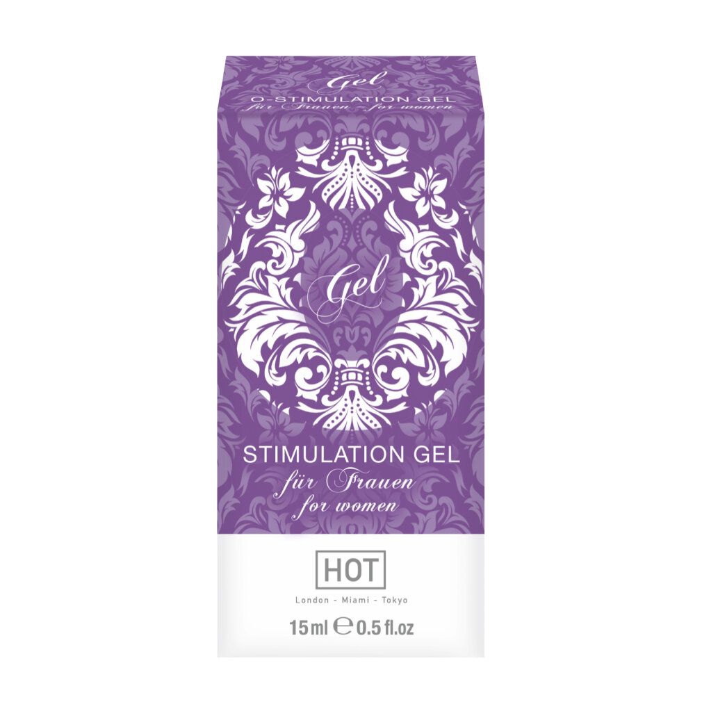 Produktverpackung mit lila Muster und Aufschrift O-STIMULATION GEL. Unten: 15ml e 0.5 fl.oz.