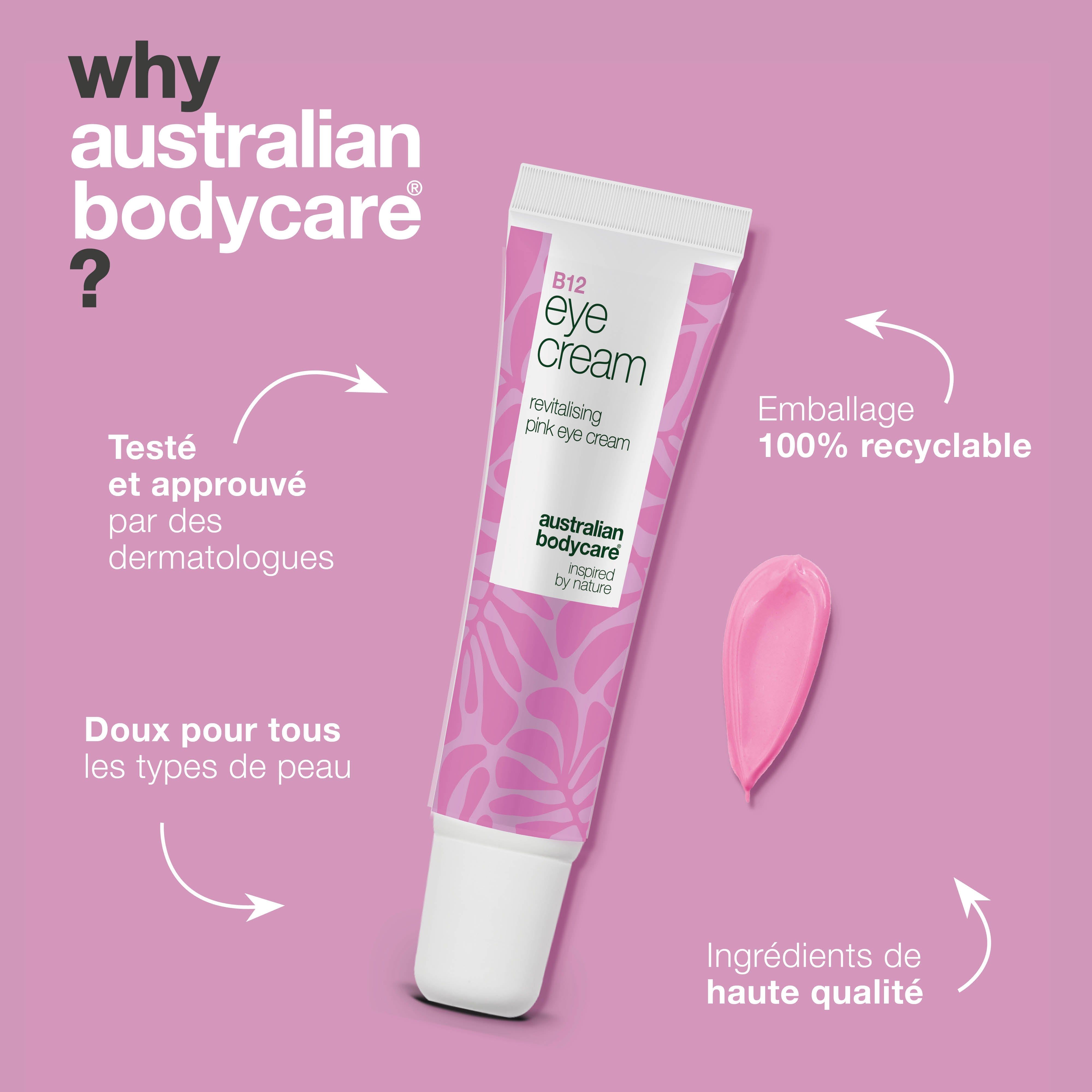 Tube de crème pour les yeux B12, crème rose. Texte : Why Australian Bodycare ?, testé par des dermatologues, emballage 100% recyclable.
