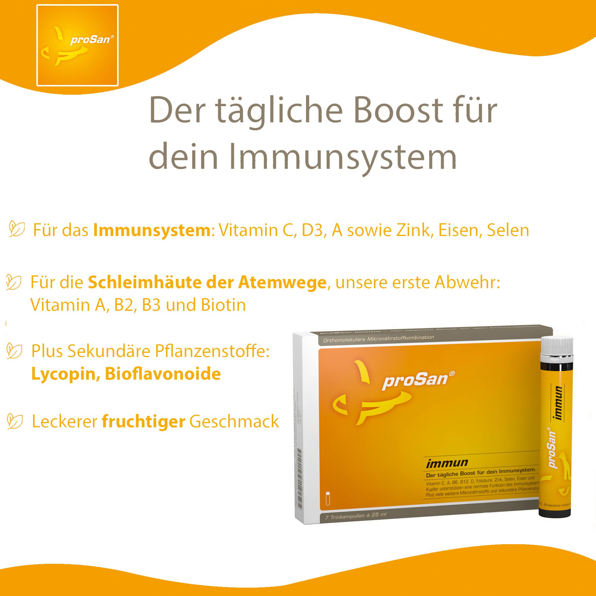 proSan Immun Trinkampullen: Tägliche Unterstützung für das Immunsystem mit Vitaminen und Mineralstoffen.