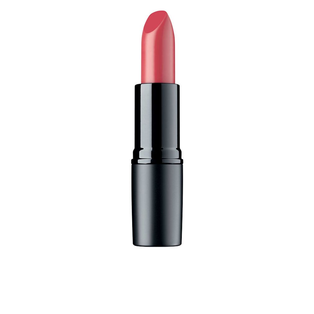 Ein korallenfarbener ARTDECO Lippenstift in schwarzer Hülse, auf weißem Grund.