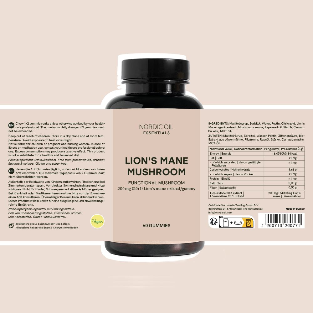 Flasche mit Etikett: Lion's Mane Mushroom, 60 Gummies. Text: Zutaten, Nährwertangaben. Vegan-Siegel.