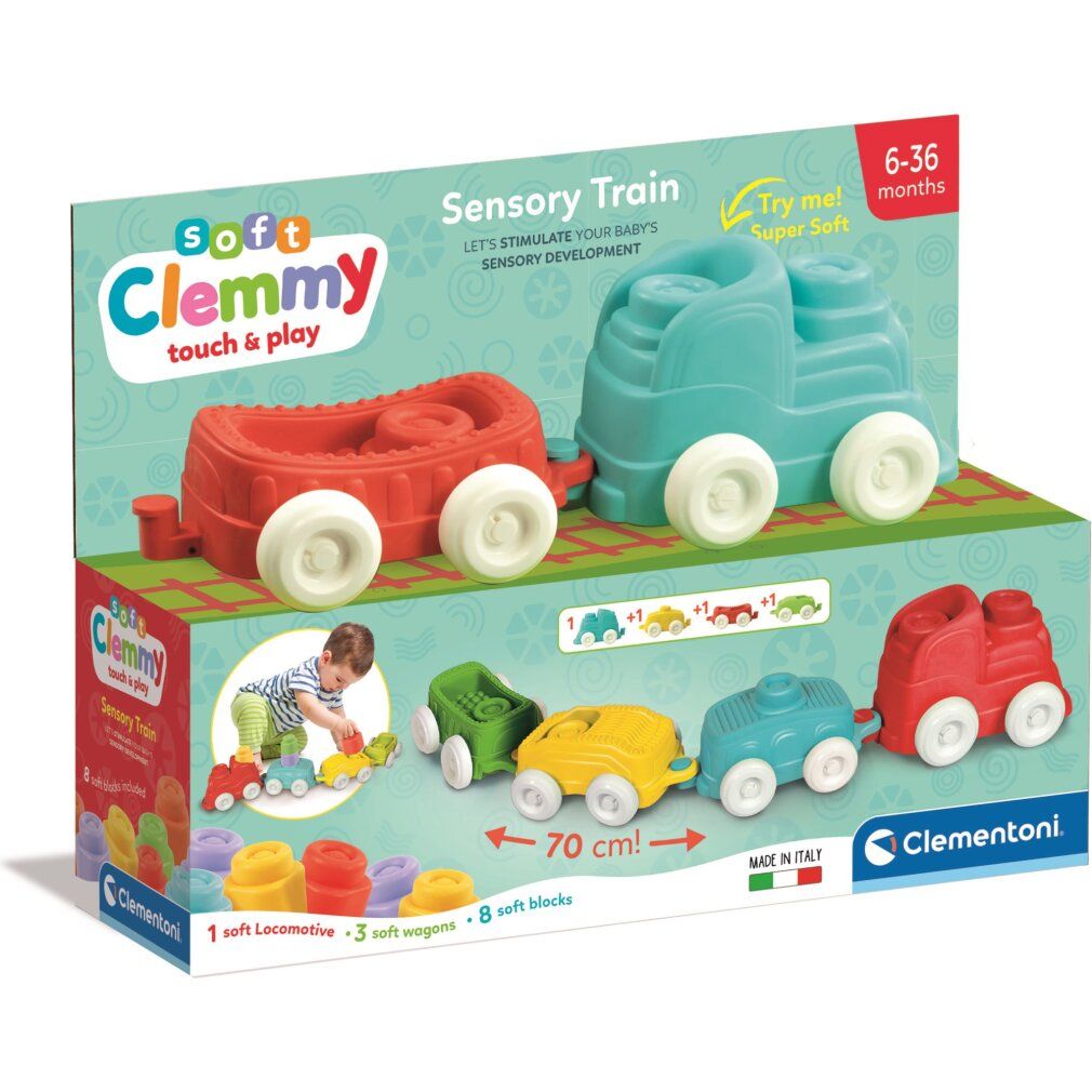 Clemmy Sensory Train Spiel. Verpackung mit Zug und Waggons. Enthält 1 Lokomotive, 3 Waggons und 8 Blöcke. Altersempfehlung: 6-36 Monate.