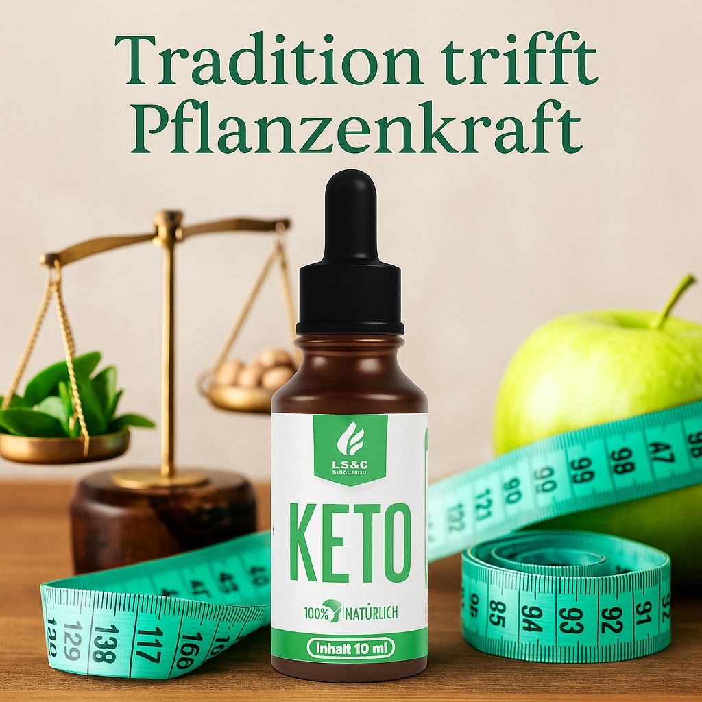 Braune Glasflasche mit schwarzem Tropfer, weißem Etikett und grünem Logo. KETO-Schriftzug. Waage, Maßband und Apfel.