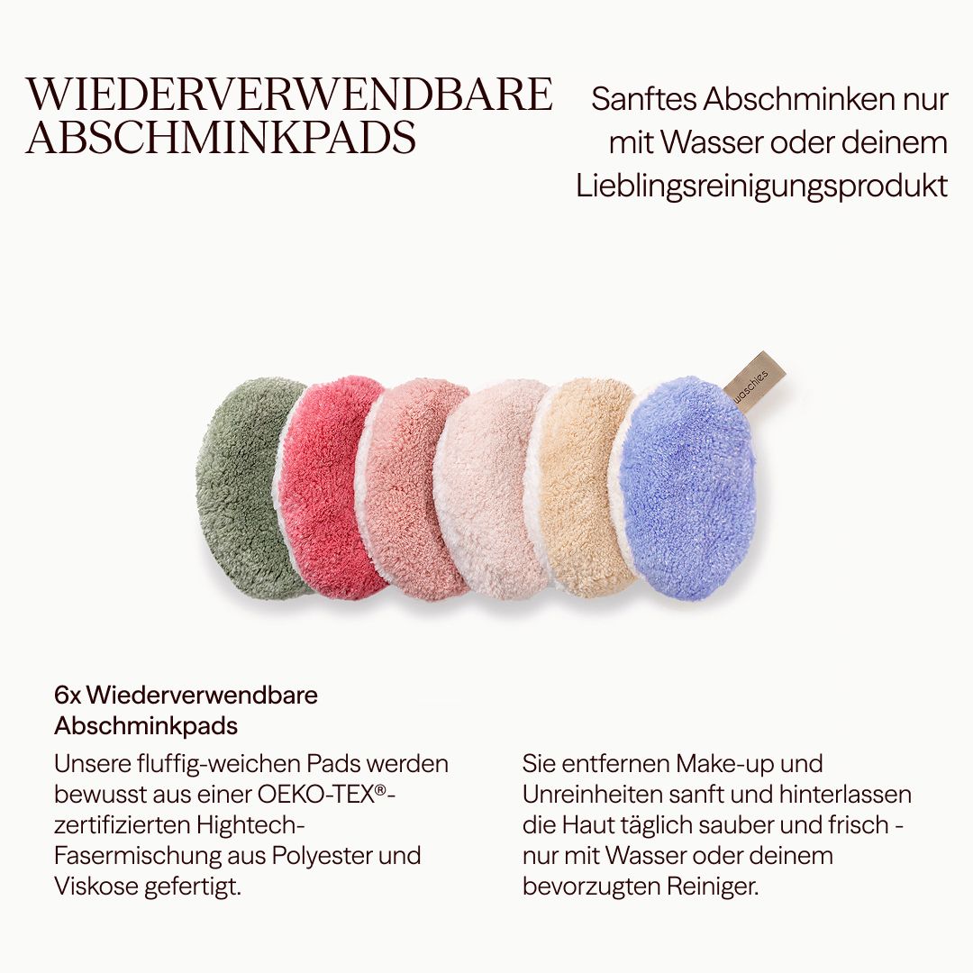 Sechs wiederverwendbare Abschminkpads in verschiedenen Farben, weiche Textur.