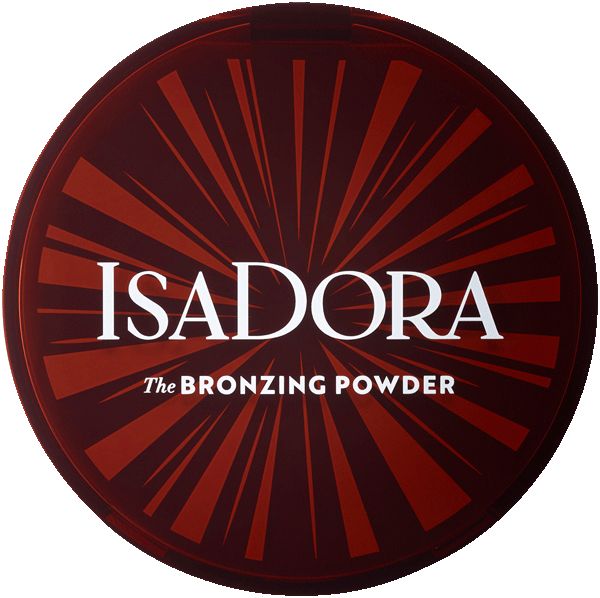 Runder, brauner IsaDora Bronzing Powder-Behälter. Weißer Schriftzug: IsaDora, The Bronzing Powder. Rotes Strahlenmuster.