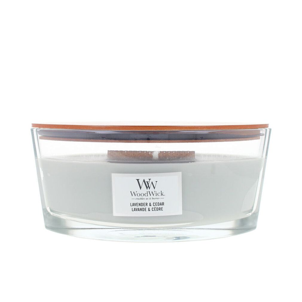 Kerze mit Holzdeckel. Aufschrift: WoodWick, Lavendel & Zeder. Glasbehälter mit hellgrauem Wachs.