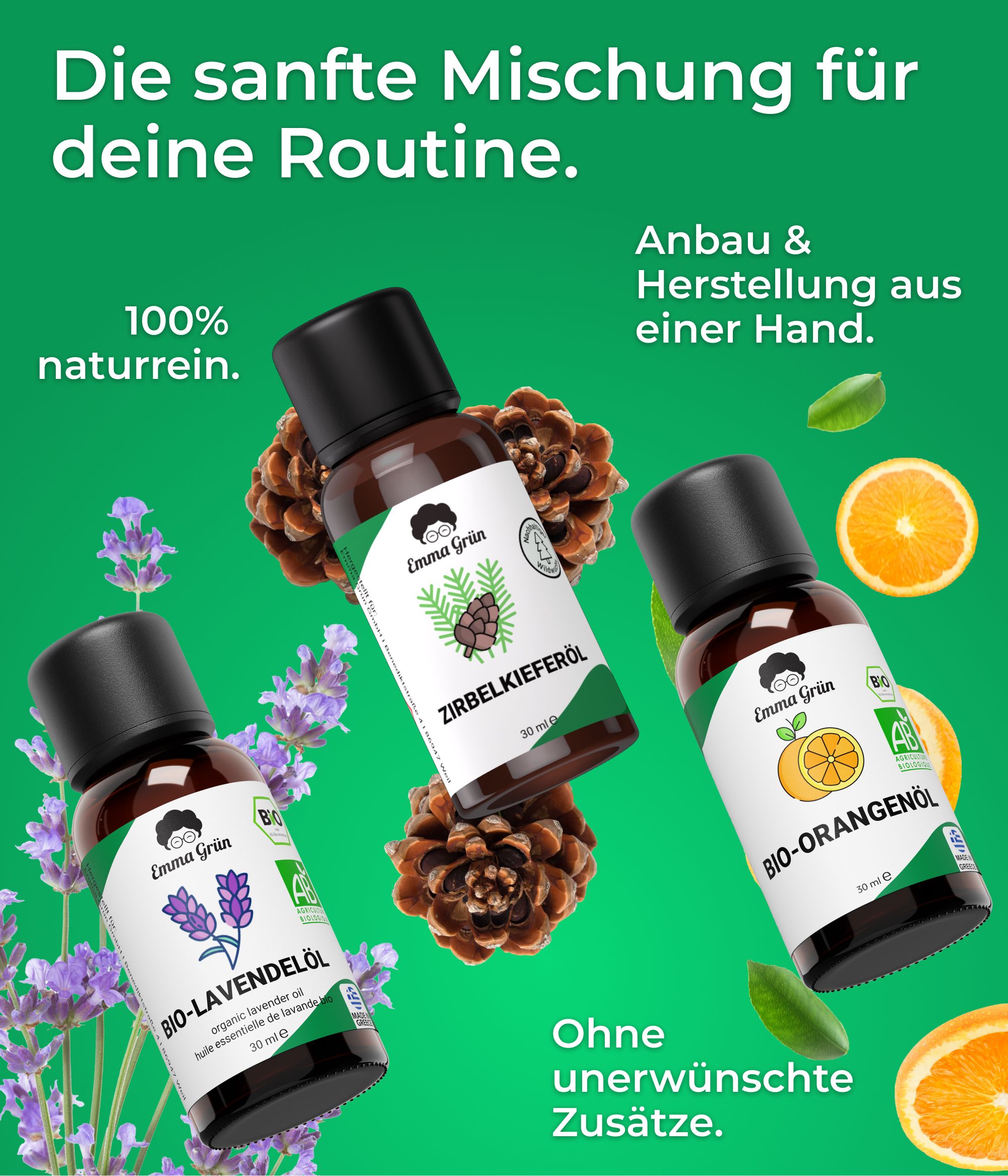 Drei Flaschen mit Produktnamen und Logo. Lavendel, Tannenzapfen und Orangen auf grünem Hintergrund. Text über Inhaltsstoffe.