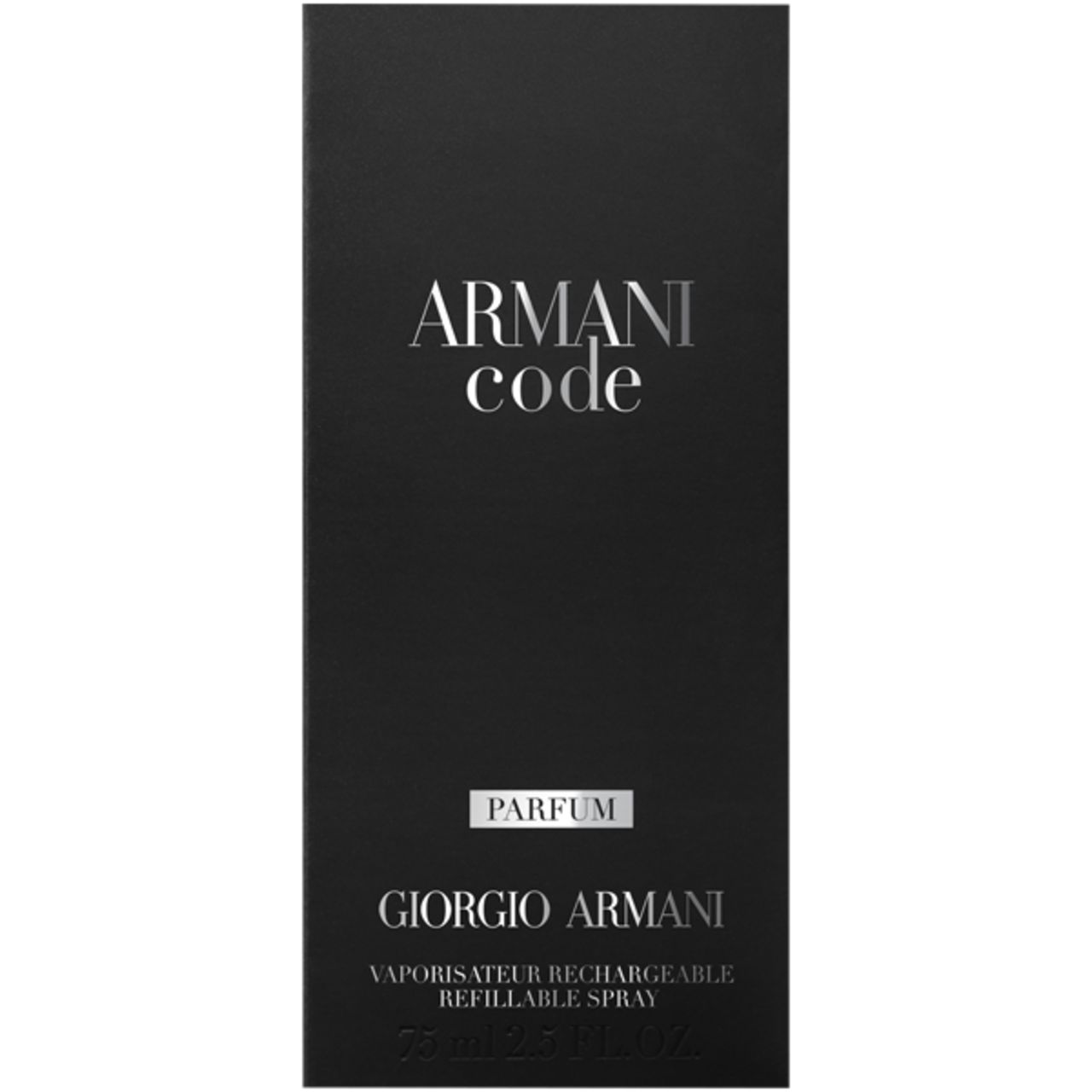 Schwarze Verpackung Armani Code Parfum. Aufschrift: Armani Code, Parfum, Giorgio Armani. Nachfüllbarer Spray.