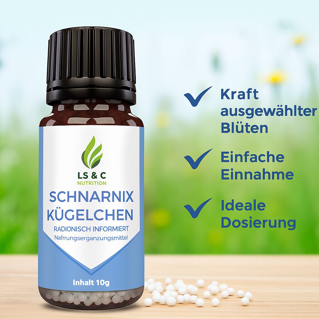 Produktflasche mit blauen Häkchen und Text. Logo und Produktname auf dem Etikett. Kügelchen liegen verstreut.