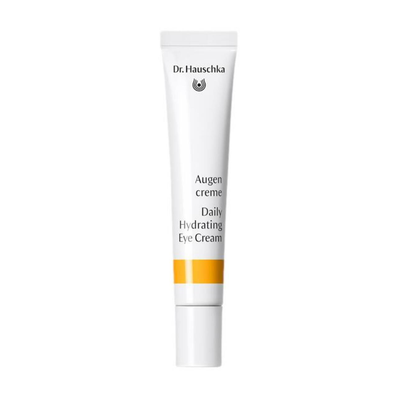 Weiße Tube mit gelbem Streifen. Aufschrift: Dr. Hauschka, Augencreme, Daily Hydrating Eye Cream.