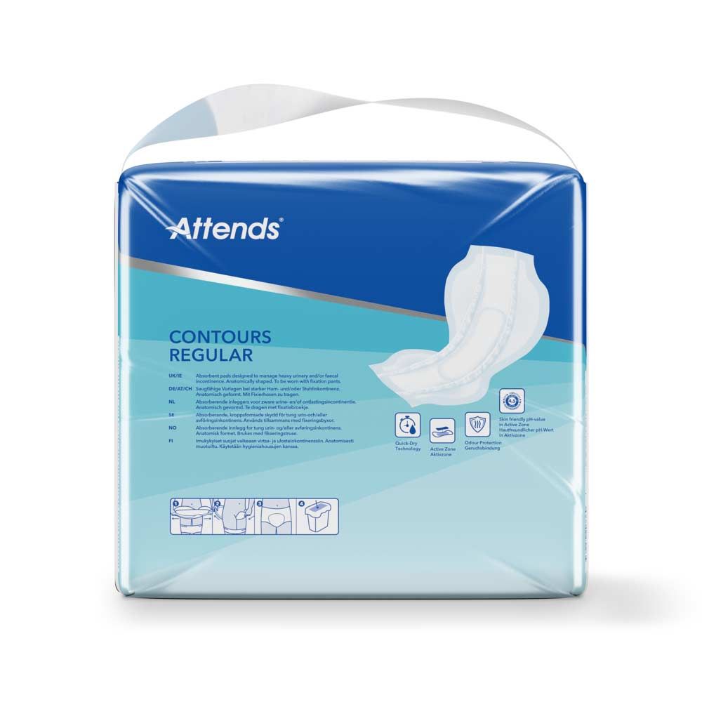 Attends Contours Regular. Anatomisch geformte Vorlagen. Verpackung. Blaue und weiße Verpackung mit Logo und Produktbezeichnung. Produktabbildung.