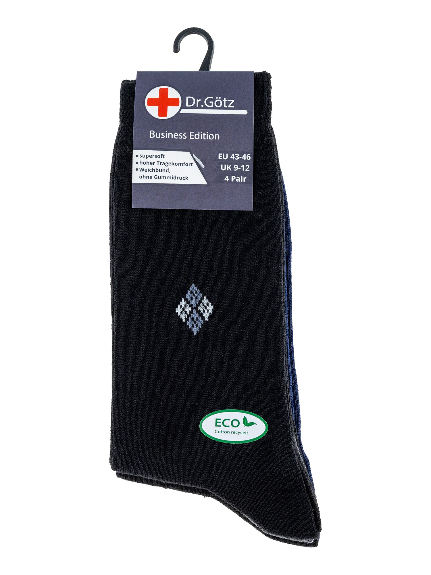 Verpackung mit zwei Sockenpaaren. Marke Dr. Götz. Größe 39-42. Für Diabetiker geeignet.
