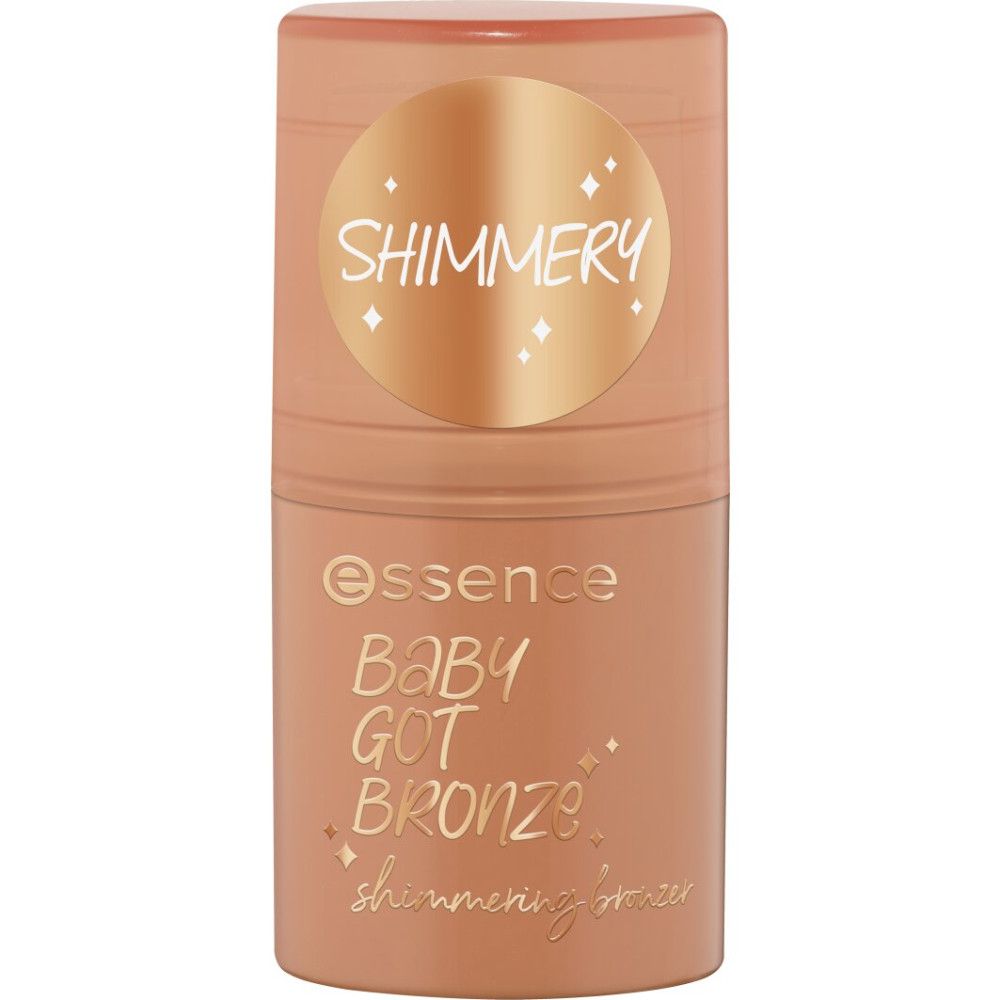 Bronzer-Stick mit Deckel. Auf dem Deckel steht "SHIMMER". Auf dem Stick steht "essence Baby Got Bronze shimmering bronzer".