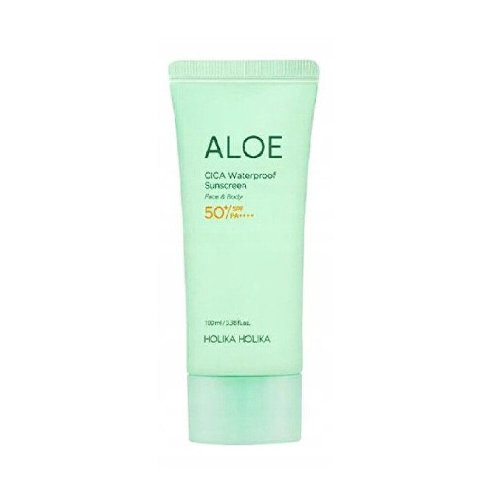 Grüne Tube mit Aloe-Aufschrift, SPF 50+ und HOLIKA HOLIKA Logo. Produktname: CICA Waterproof Sunscreen.