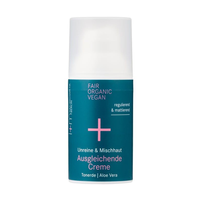 Creme-Spender mit weißem Deckel und blau-grüner Beschriftung. Text: FAIR ORGANIC VEGAN, regulierend & mattierend, Ausgleichende Creme.