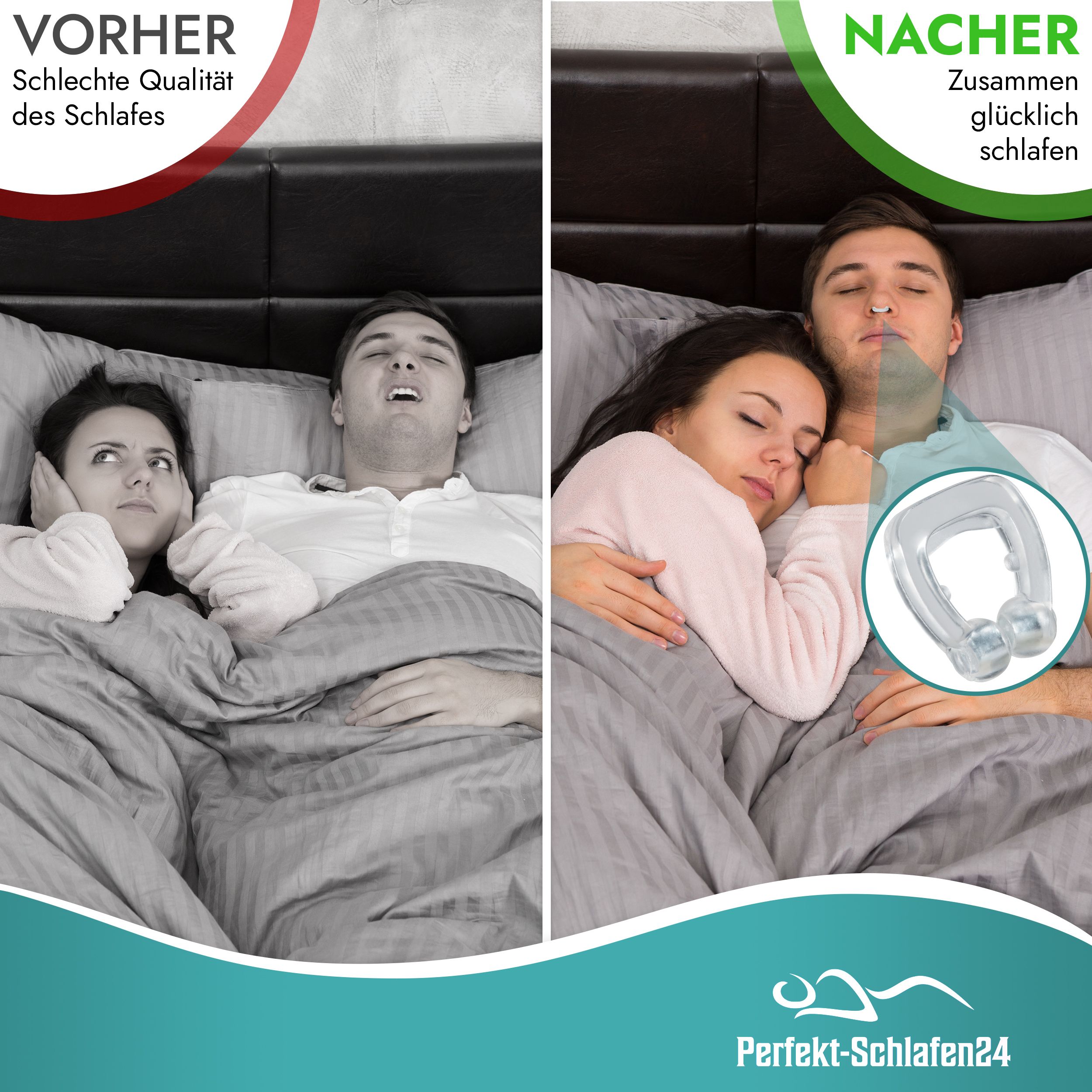 Vorher/Nachher-Vergleich. Links: Frau hält sich Ohren zu, Mann schnarcht. Rechts: Paar schläft friedlich, Nasenclip sichtbar.