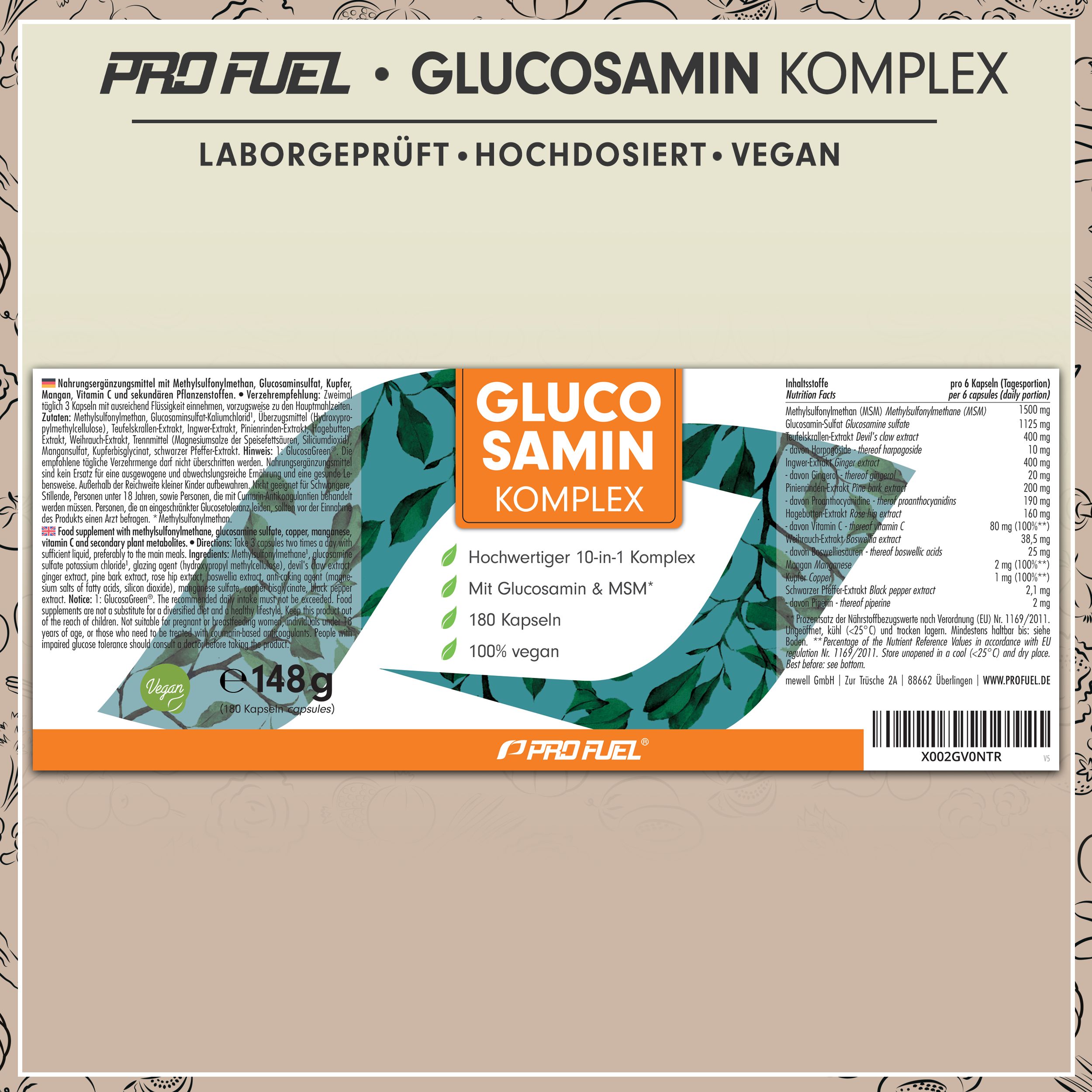 Verpackung mit Aufschrift: Glucosamin Komplex. Enthält 180 Kapseln. Hochwertiger 10-in-1 Komplex. Mit Glucosamin & MSM. 100% vegan.