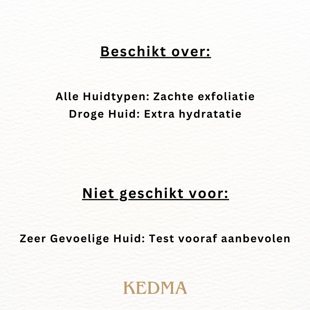 Tekst op crème achtergrond: Zachte Walnootkorrels. Zachte exfoliatie zonder irritatie. Kedma logo.