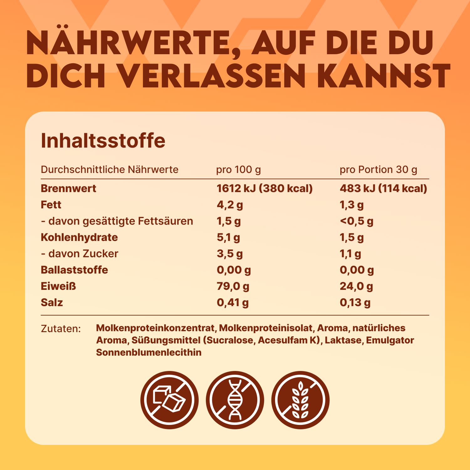 Nährwerttabelle. Enthält Informationen zu Brennwert, Fett, Kohlenhydrate, Eiweiß und Salz. Zutaten: Molkenproteinkonzentrat, Aroma, etc.