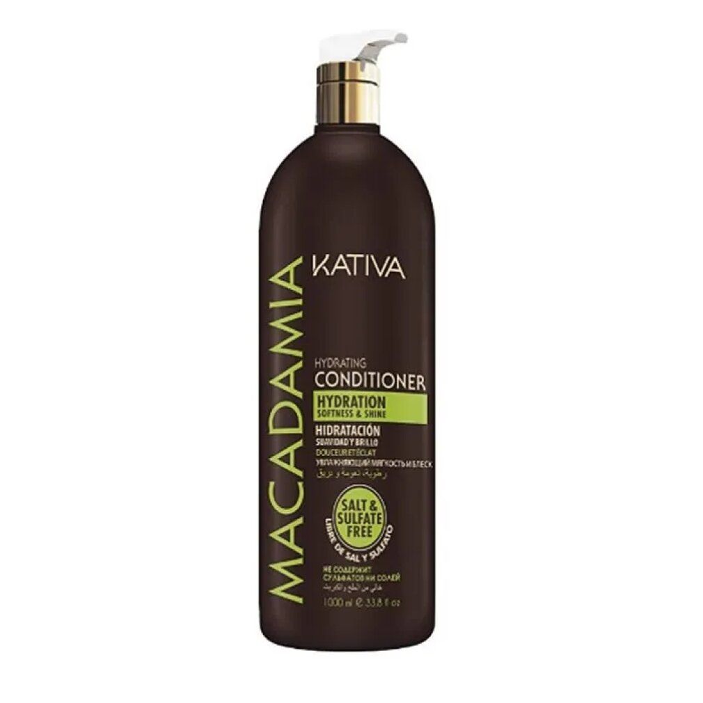 Braune Flasche mit Kativa Macadamia Conditioner. Weißer Pumpkopf. Text: Hydrating Conditioner, Salt & Sulfate Free.