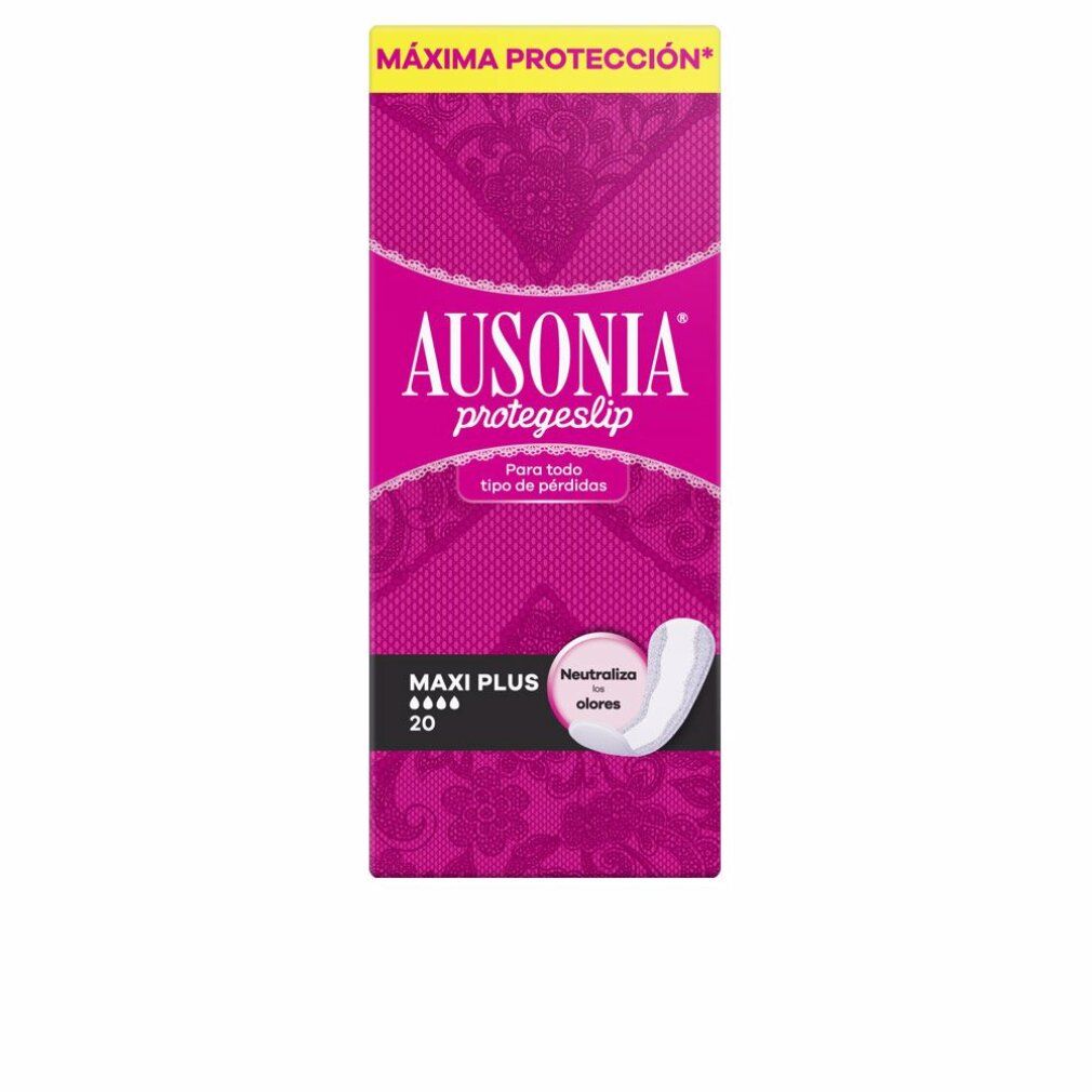 Verpackung von Ausonia Protegeslip Maxiplus Slipeinlagen. Rosa-weißes Design mit Produktnamen und Beschreibung. 20 Stück.