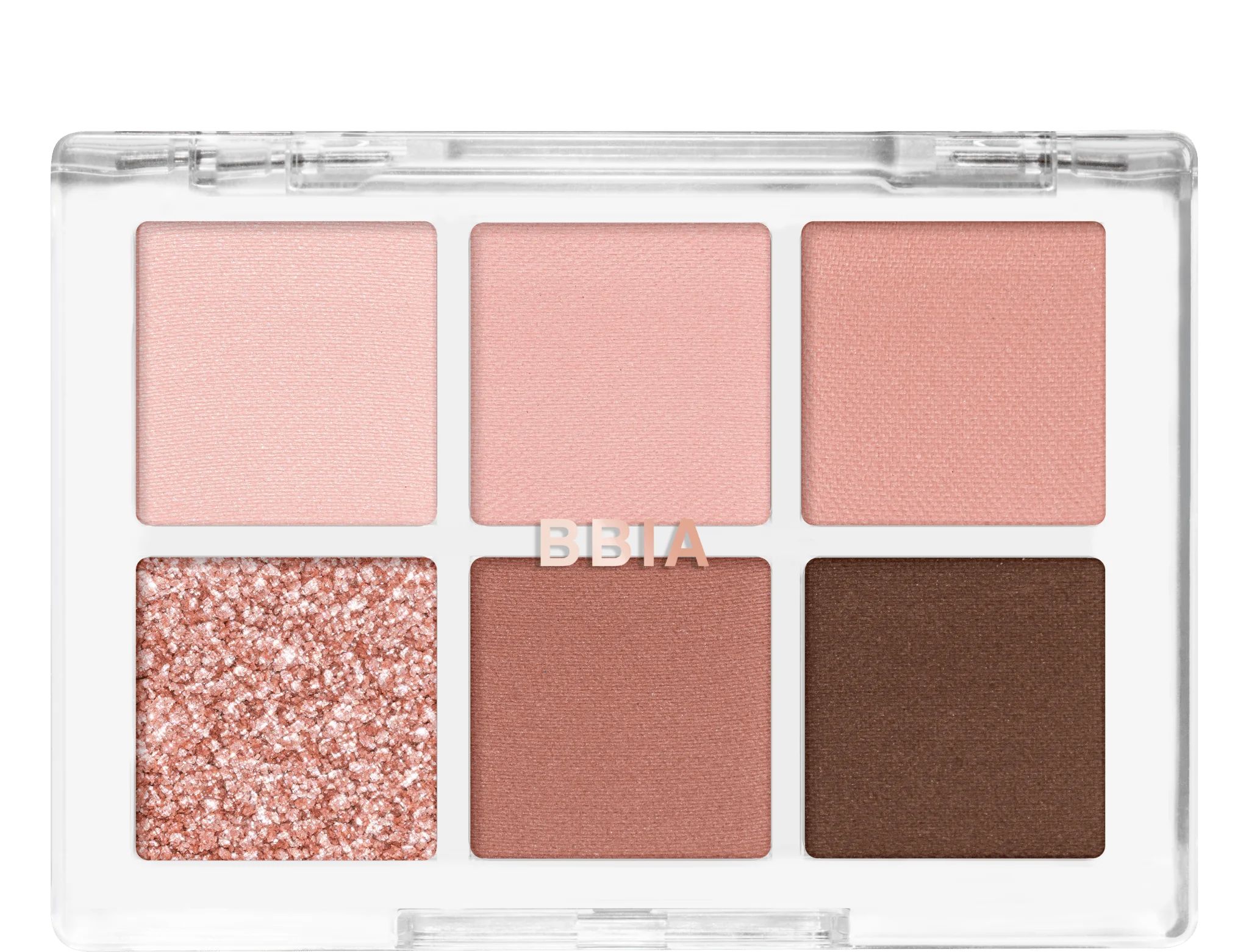 Lidschatten-Palette mit sechs Farbtönen. BBIA-Logo. Transparente Verpackung.