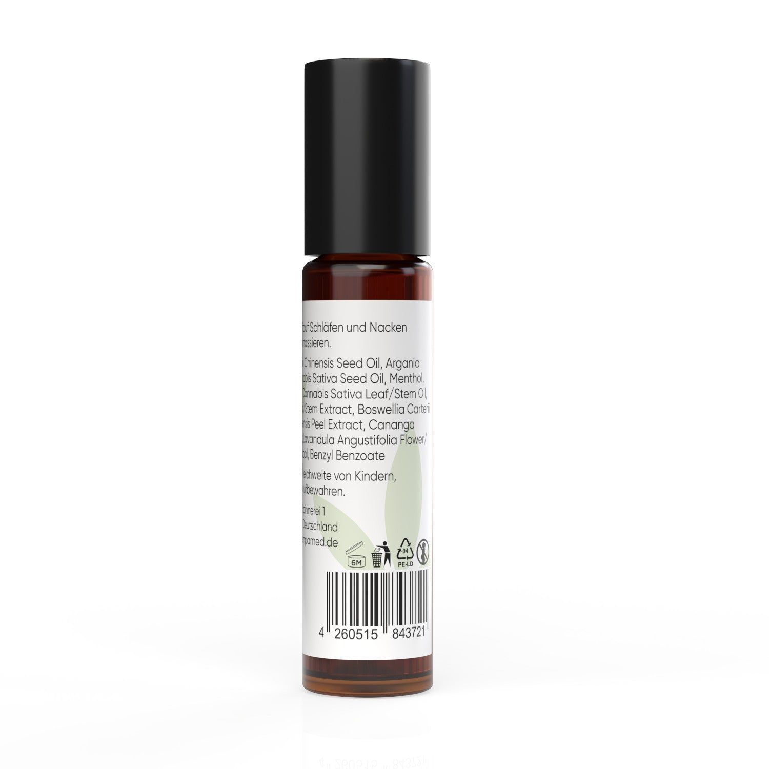 Braune Glasflasche mit schwarzem Deckel. Rückseite mit Text, Barcode und Logo. 10ml.