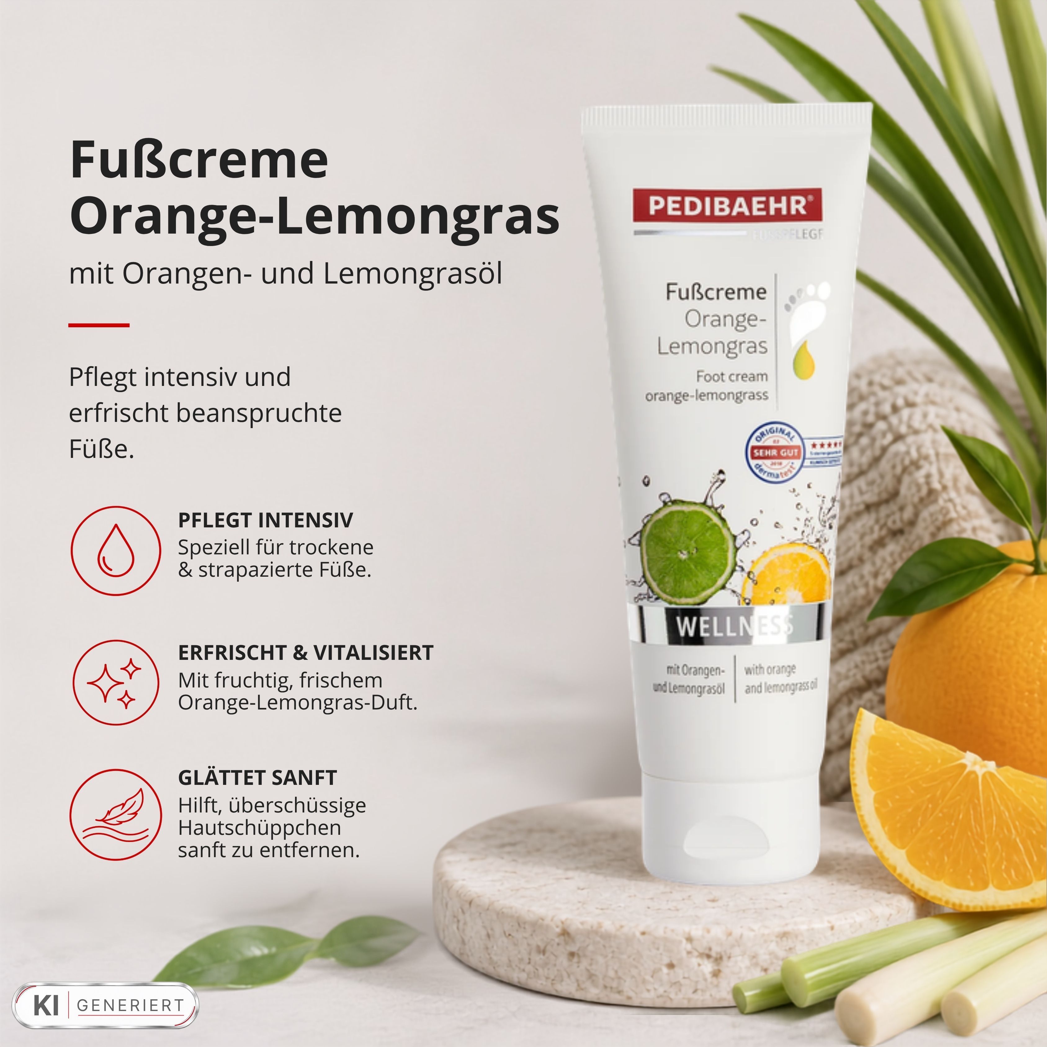 Pedibaehr Fußcreme Orange-Lemongras Tube mit Orangen- und Zitronengrasöl. Pflegt intensiv und erfrischt.