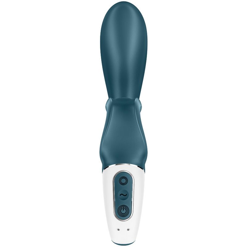 Blau-weißer Vibrator, Ansicht von oben. Bedienelemente auf weißem Bereich. Zungenförmiger Aufsatz.