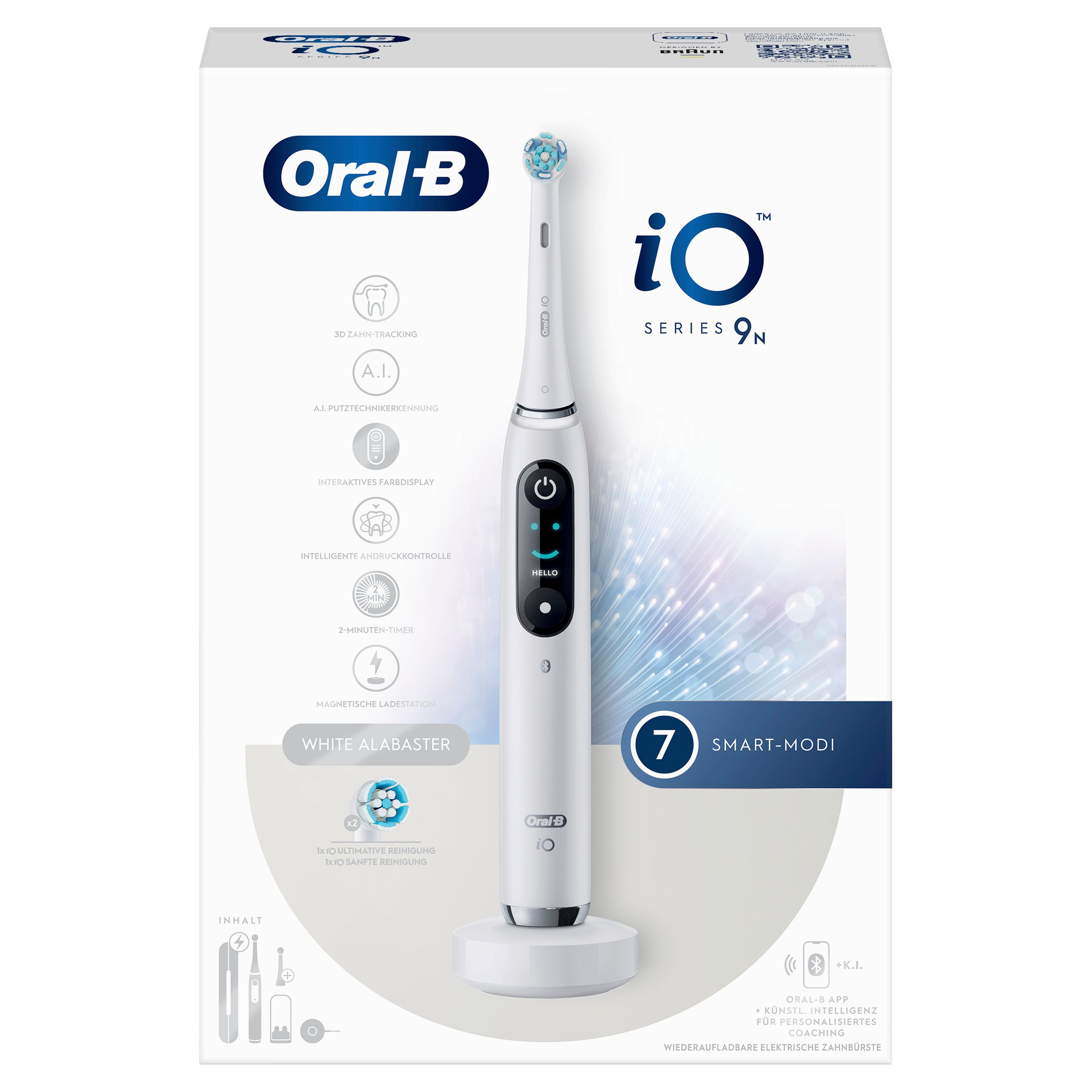 Elektrische Zahnbürste iO 9, weiß, mit Ladestation und Verpackung. Auf der Verpackung sind Produktmerkmale und Logos abgebildet.