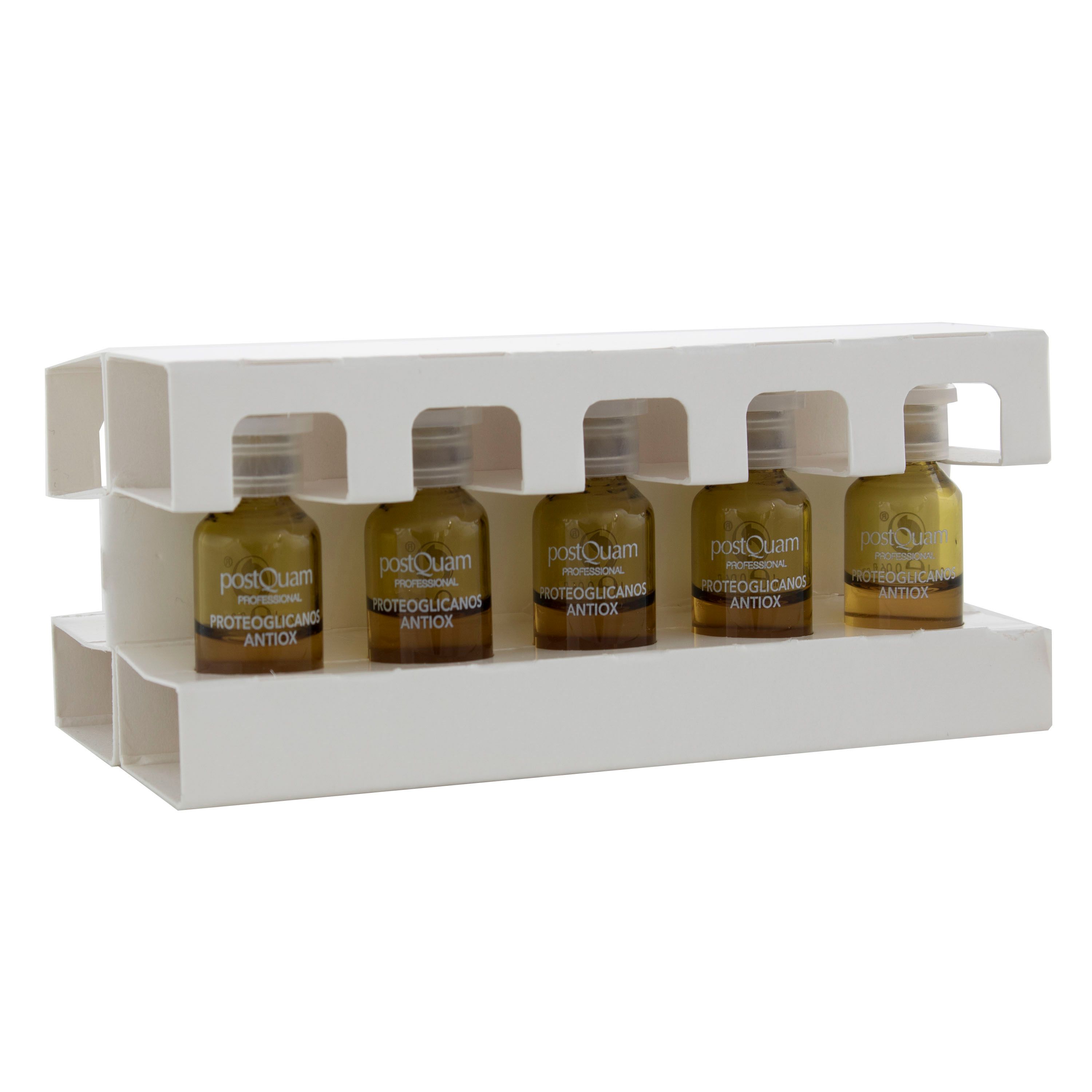 Fünf Postquam Proteoglykane Antioxidant Ampullen in einer weißen Halterung. Ampullen in Reihe angeordnet.