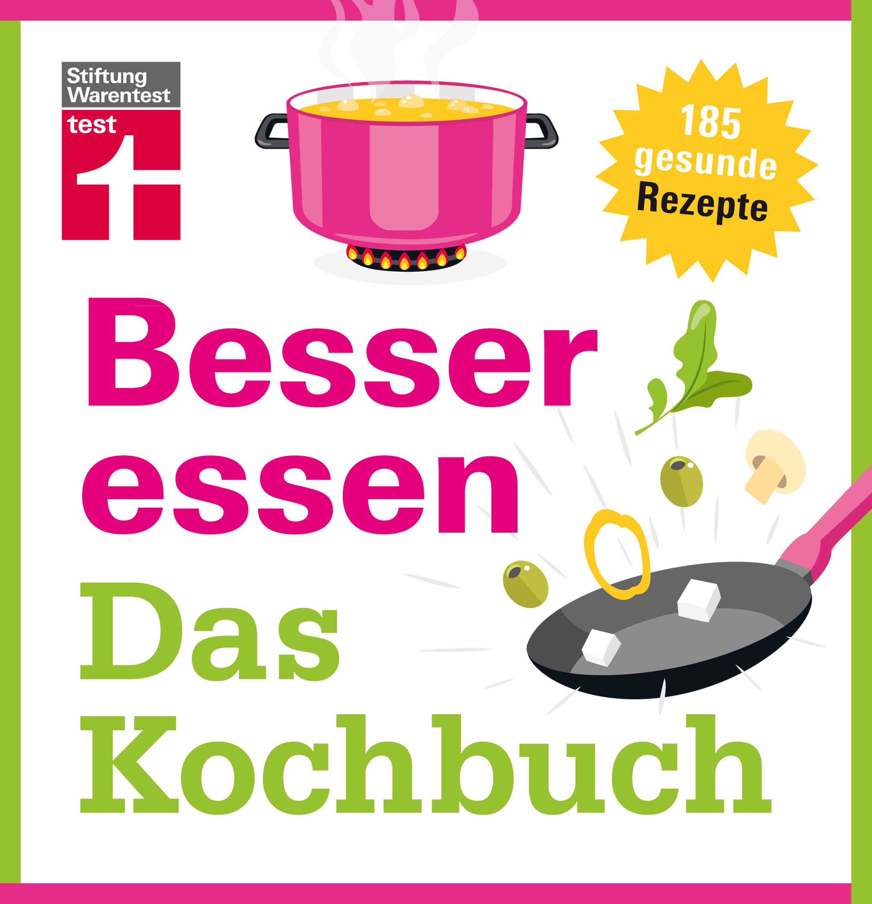 Kochbuch "Besser essen". Rosa Topf auf Herd, 185 Rezepte, Zutaten. Stiftung Warentest Logo.