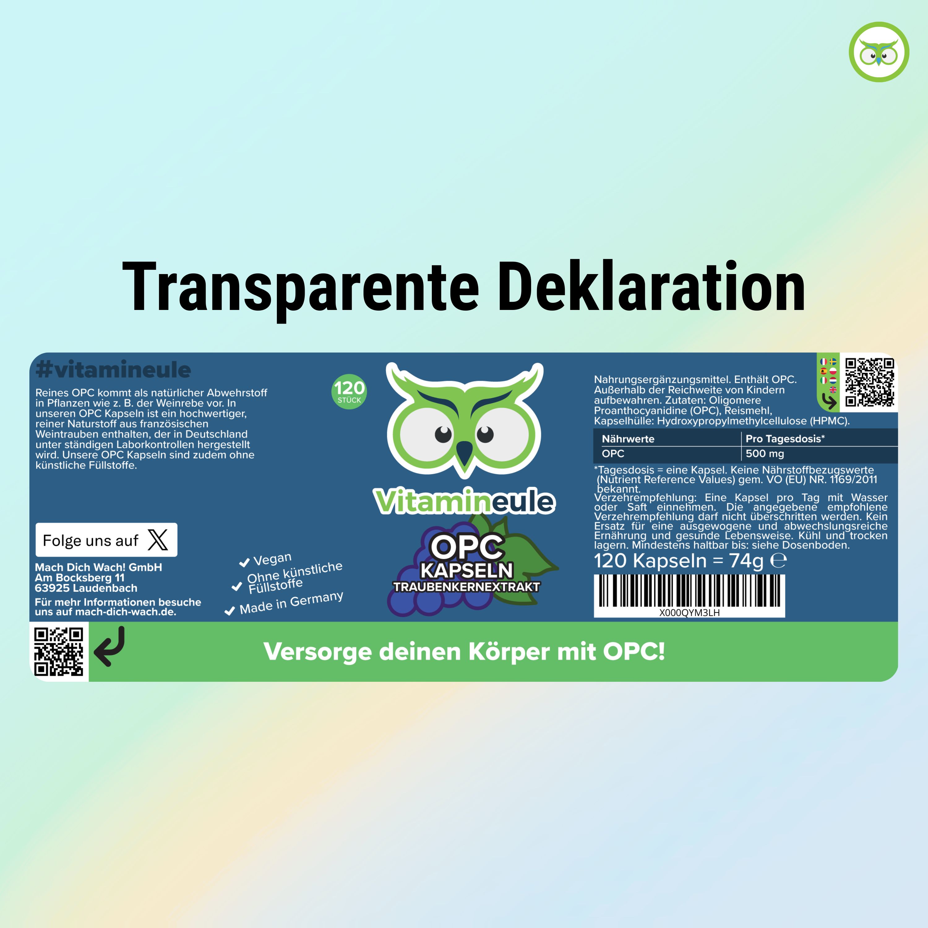 Etikett mit Informationen zu OPC Kapseln. Enthält Nährwertangaben, Inhaltsstoffe, und Hinweise zur Einnahme. Mit QR-Code.