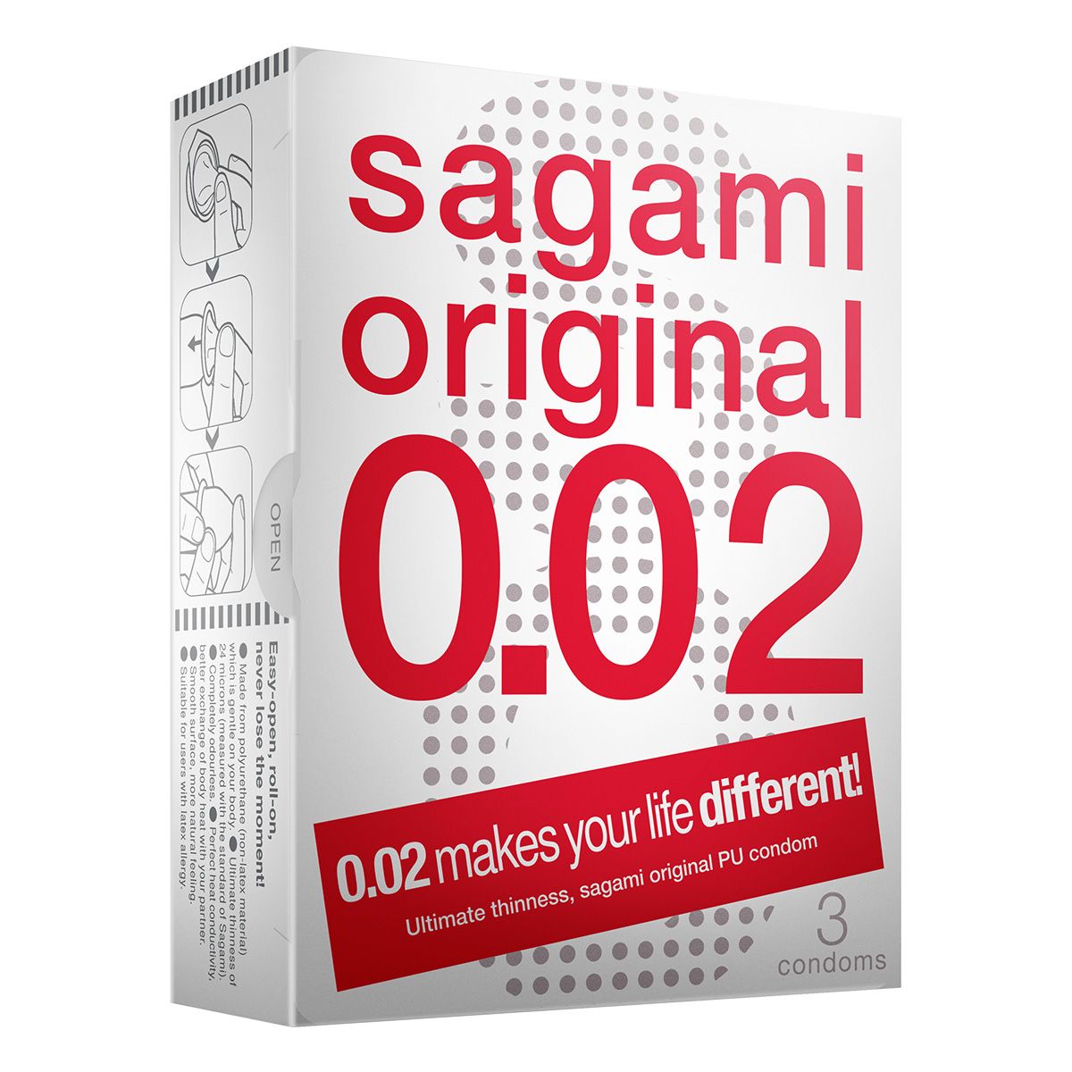 Weiße Verpackung mit roter Schrift. Darauf steht "sagami original 0.02". Enthält 3 Kondome. Text: "0.02 makes your life different!"