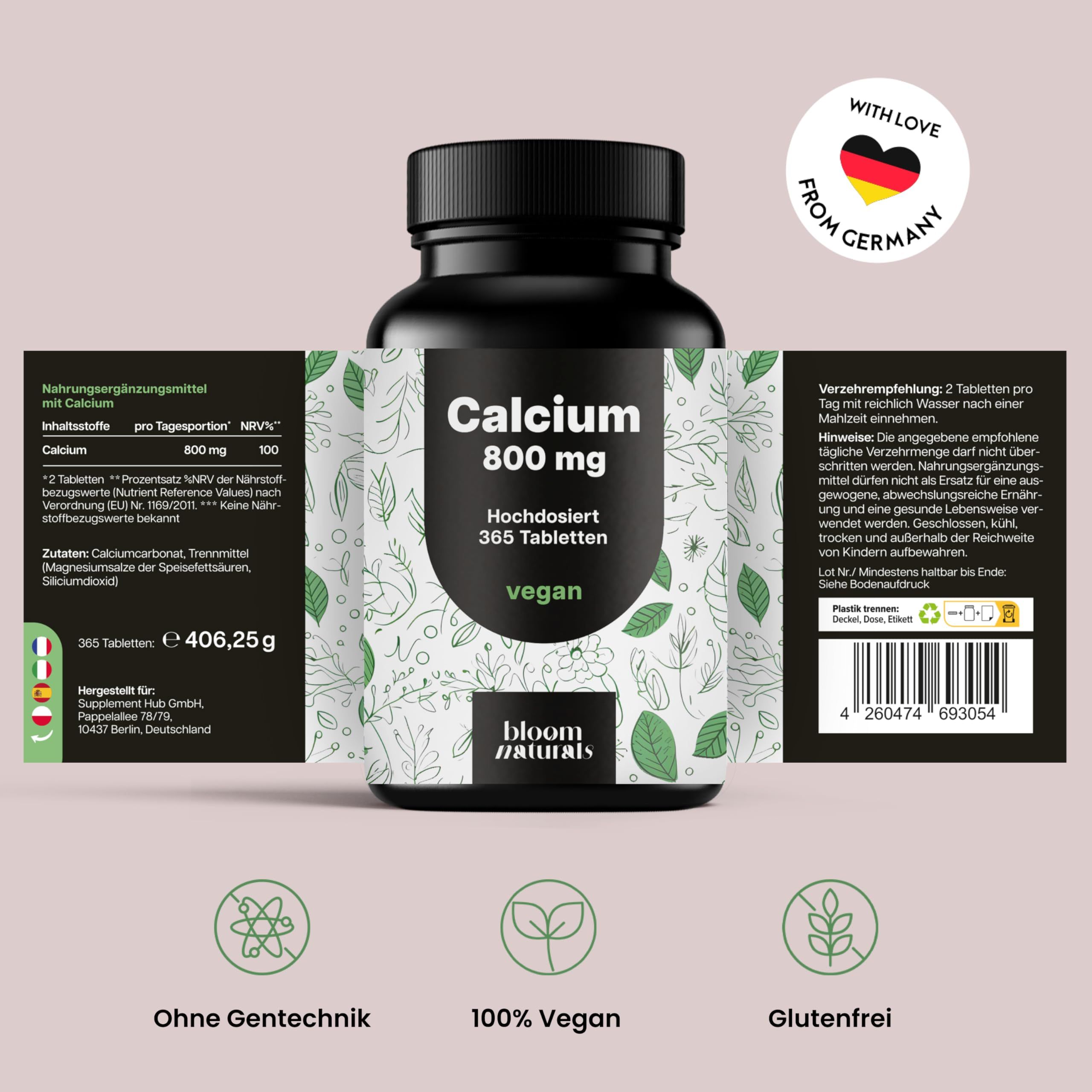 Flasche "Calcium 800 mg" mit Etiketten. Enthält 365 Tabletten. Text: "Ohne Gentechnik", "100% Vegan", "Glutenfrei".