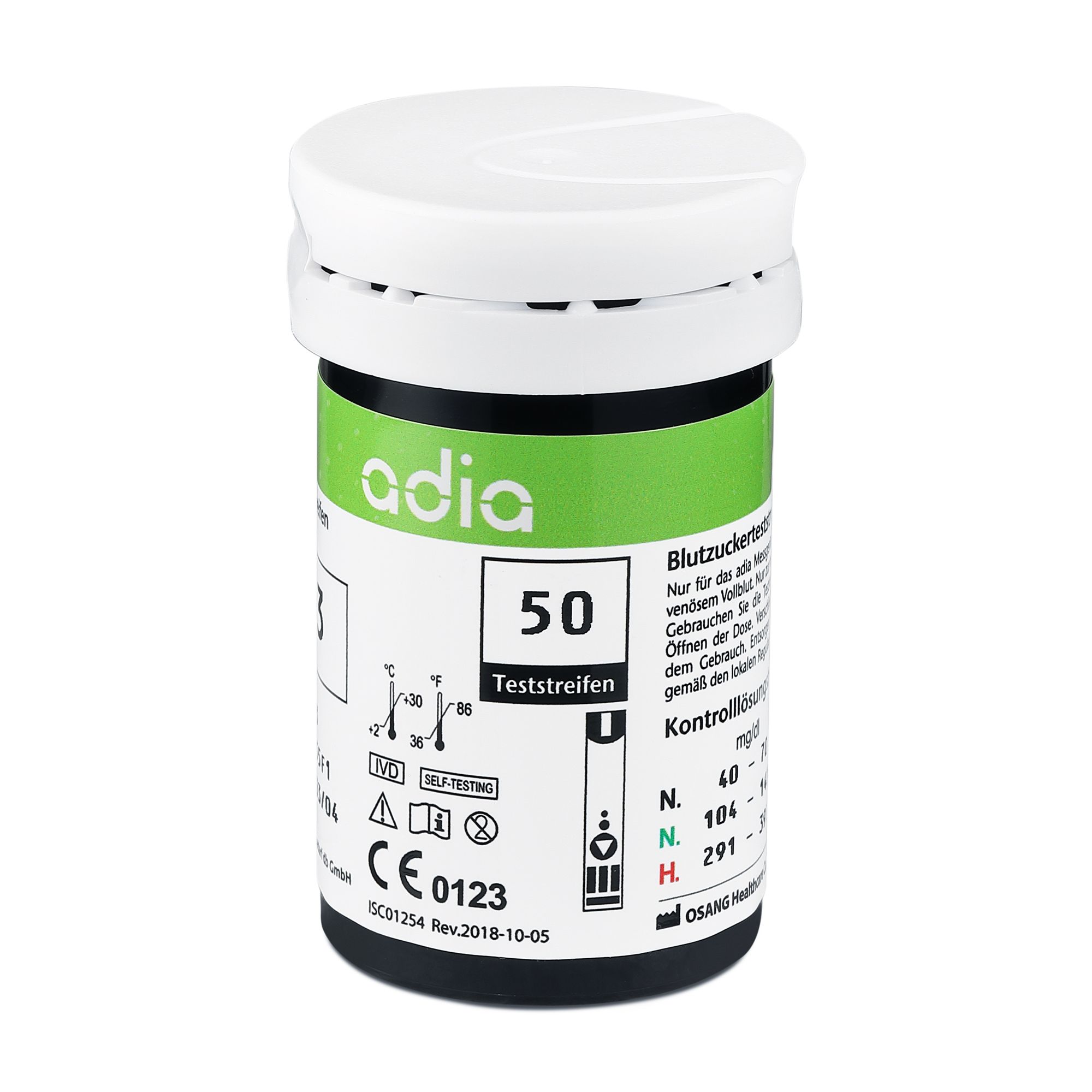 Zylinderförmige Packung mit adia Blutzuckerteststreifen. Aufschrift: 50 Teststreifen, CE 0123, Selbsttest.