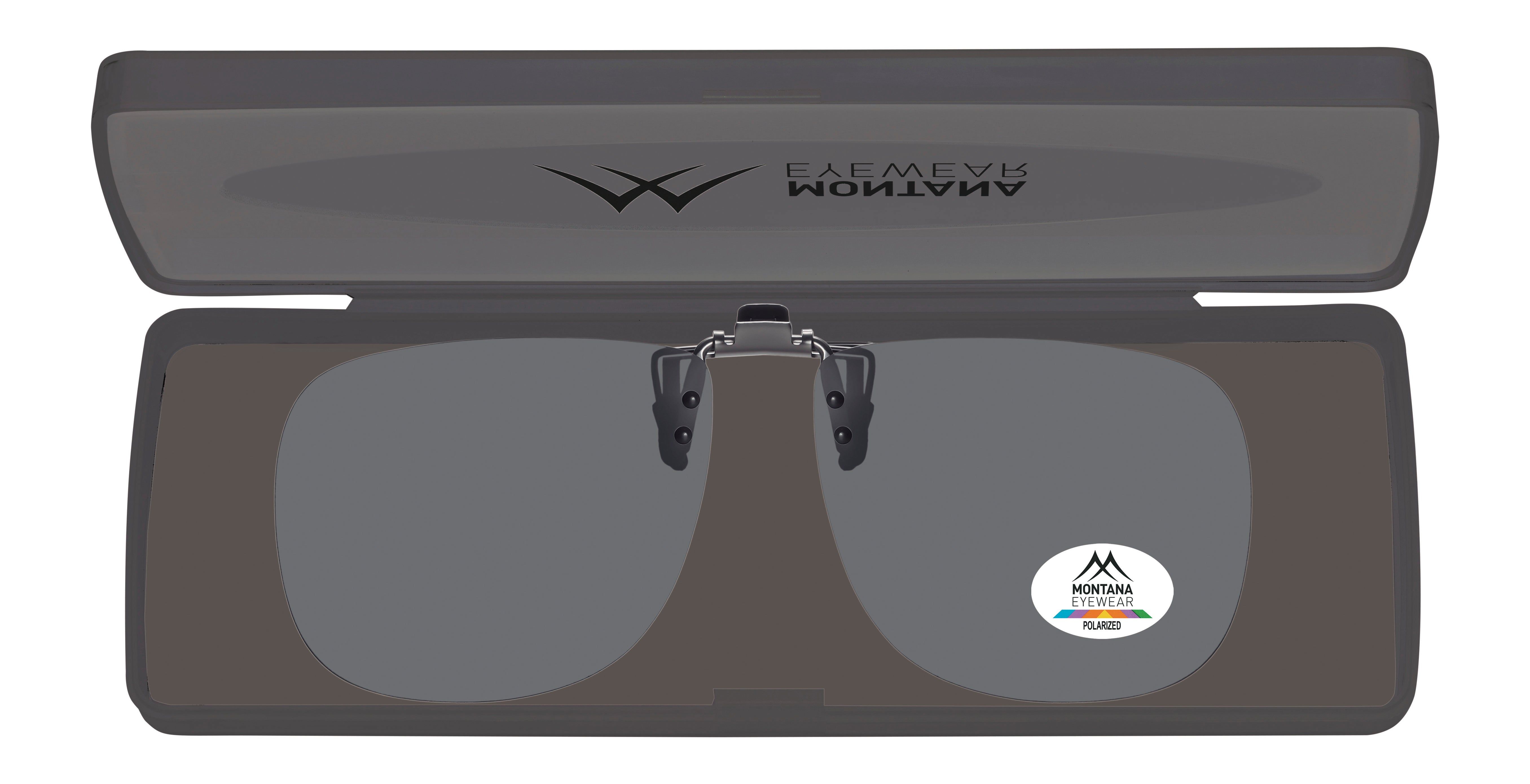 Sonnenbrille in Etui. Graue Gläser, Montana Eyewear Logo. Etui mit Markenlogo.