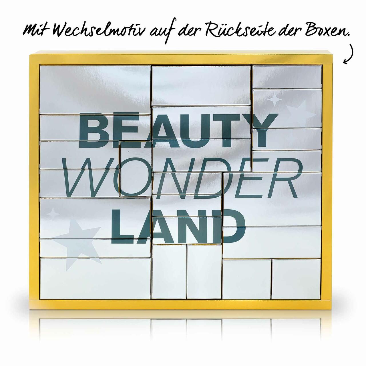 Adventskalender mit silbernen Türchen und goldfarbenem Rahmen. Aufschrift: BEAUTY WONDER LAND. Sterne.
