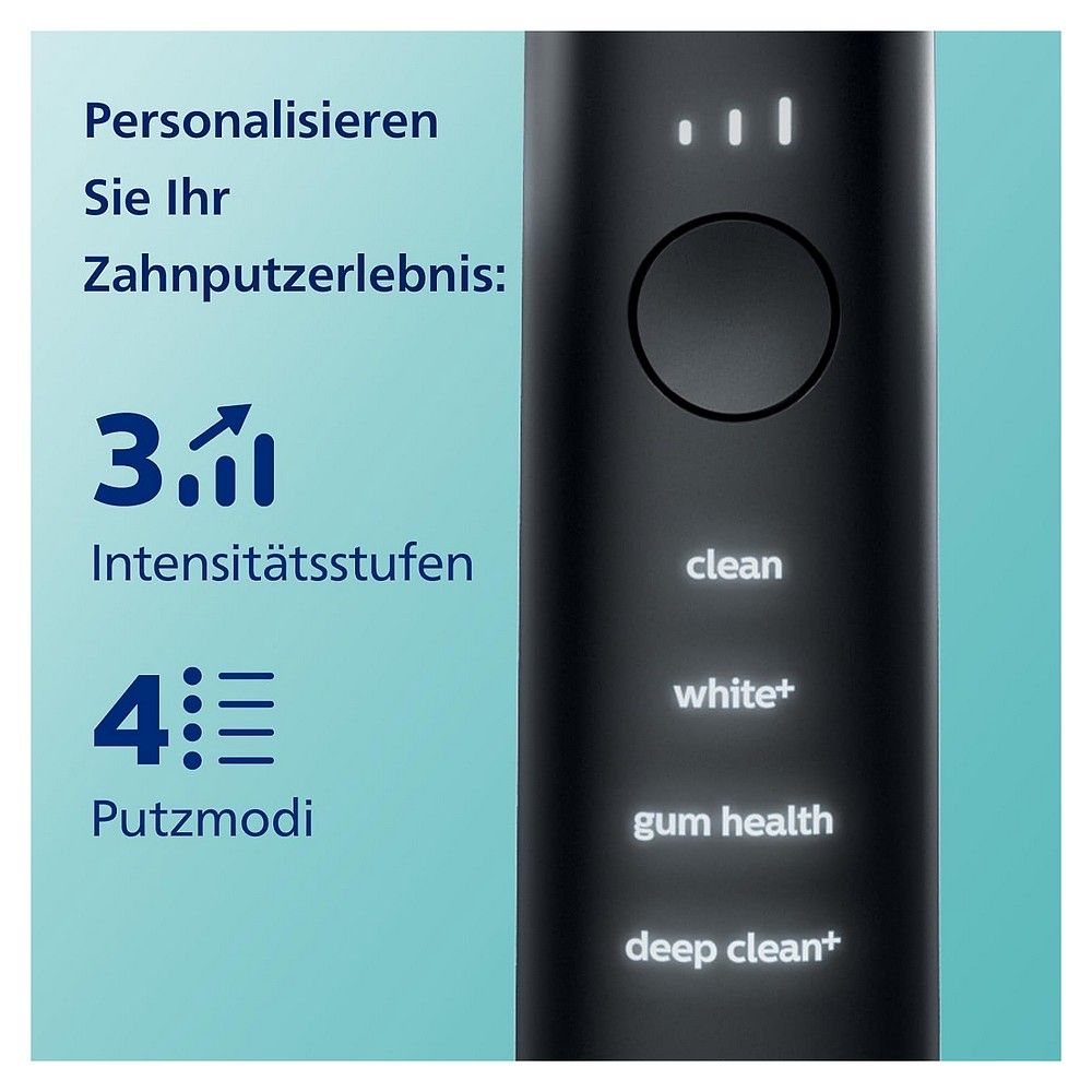 Nahaufnahme einer schwarzen elektrischen Zahnbürste mit 3 Intensitätsstufen und 4 Putzmodi.