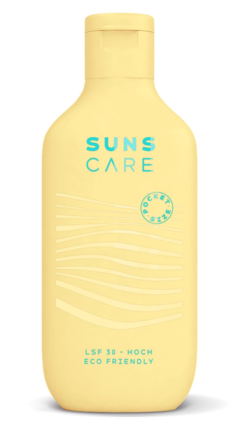 Gelbe Flasche mit SUNS CARE-Logo und "POCKET SIZE"-Aufdruck. LSF 30, ECO FRIENDLY.