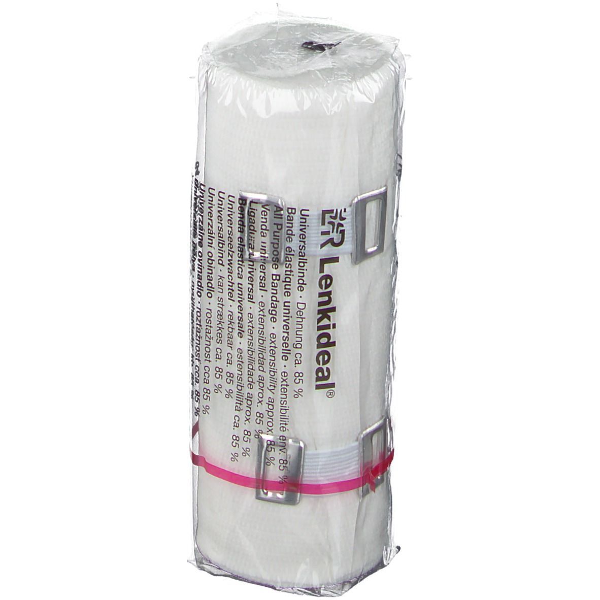 Elastische Universalbinde, weiß, in Folie verpackt. Mit Metallklammern und rosa Gummiband fixiert. Aufdruck: Lenkideal.