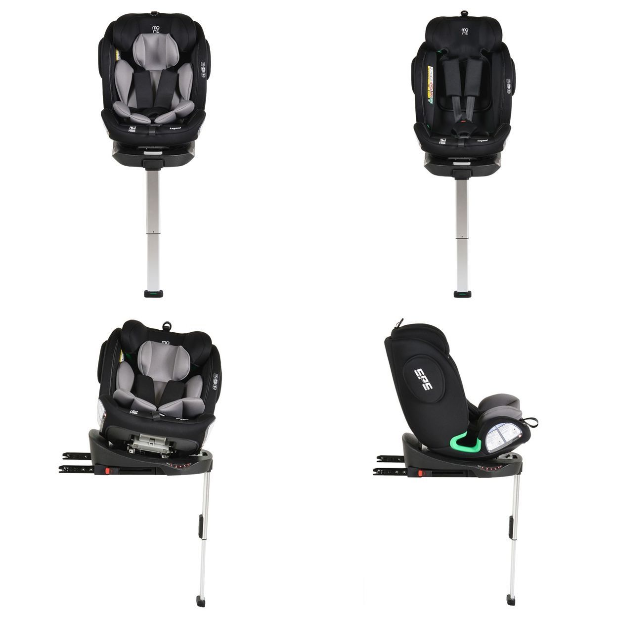 Schwarzer Kindersitz mit drehbarer Basis und ISOFIX-Befestigung.